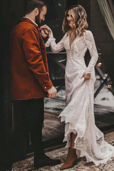 A-line Lace V-neck Long Sleeves Wedding Dress with Sashes and Sweep Train-27dress